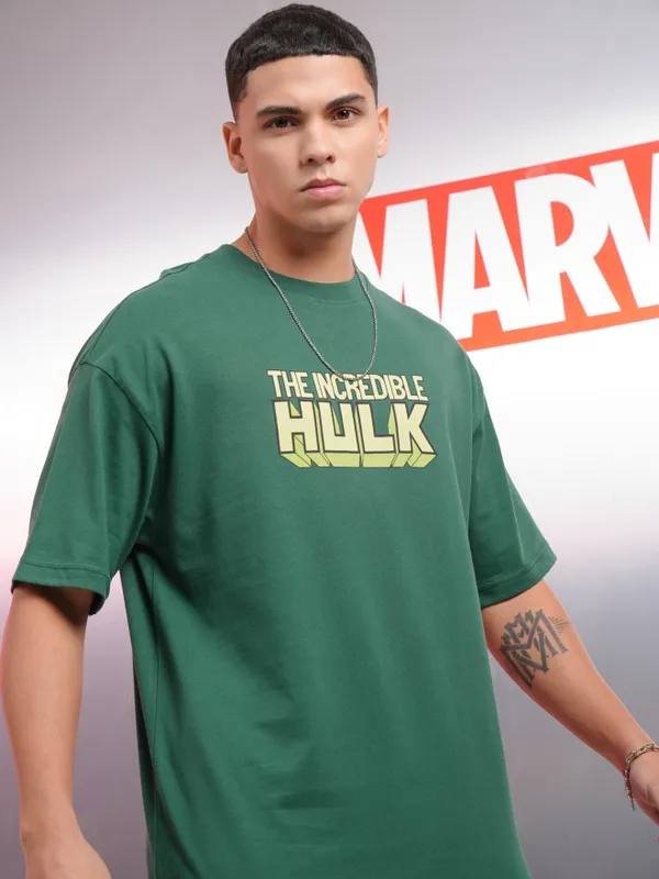 Marvel By Highlander Men Green Hulk Printed Oversized Fit T-Shirt
