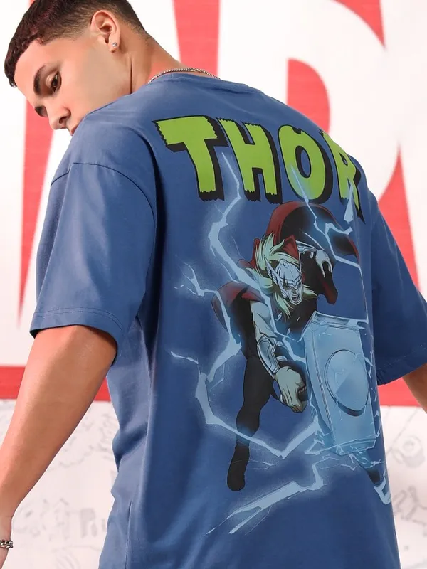 Marvel By Highlander Men Blue Thor Printed Round Neck Oversized Fit T-Shirt