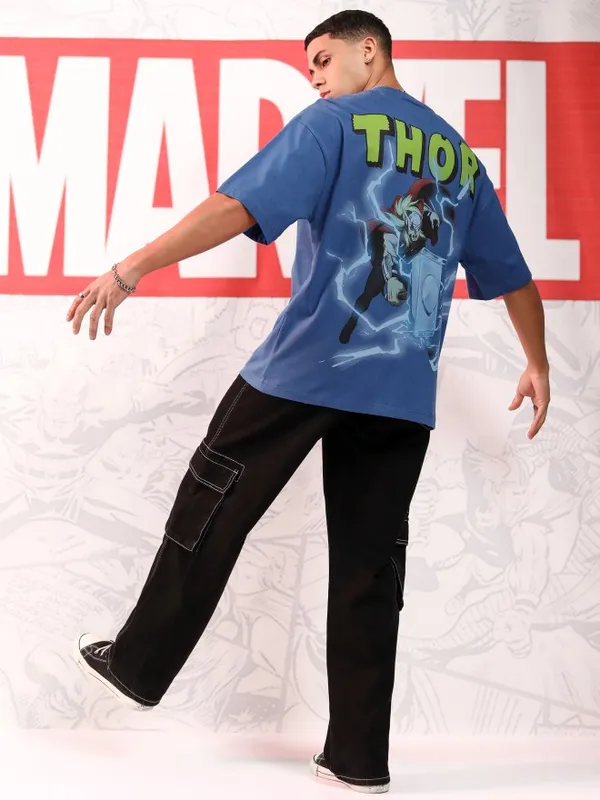 Marvel By Highlander Men Blue Thor Printed Round Neck Oversized Fit T-Shirt