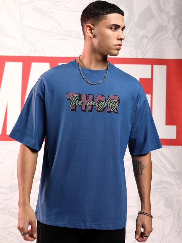 Marvel By Highlander Men Blue Thor Printed Round Neck Oversized Fit T-Shirt