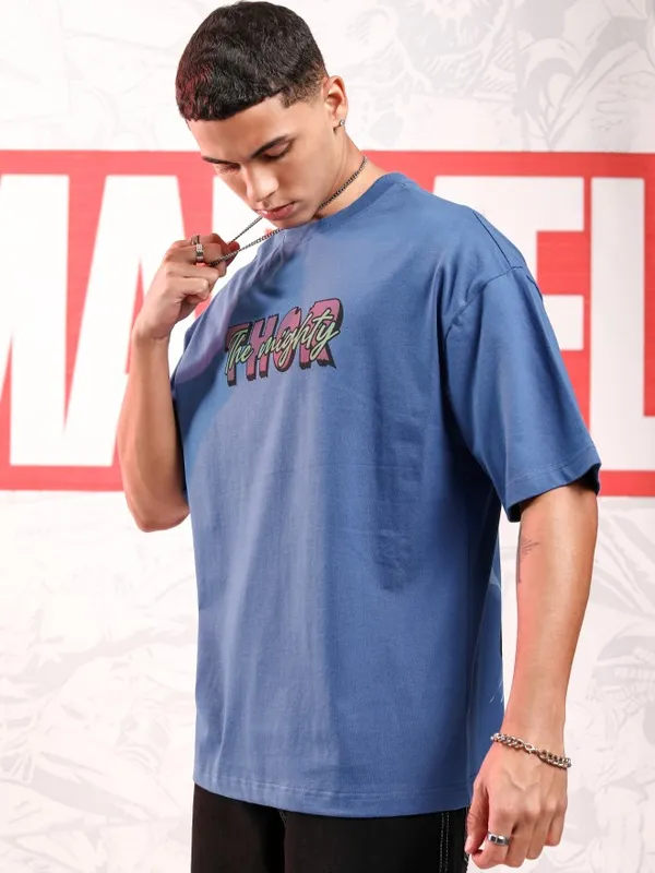 Marvel By Highlander Men Blue Thor Printed Round Neck Oversized Fit T-Shirt