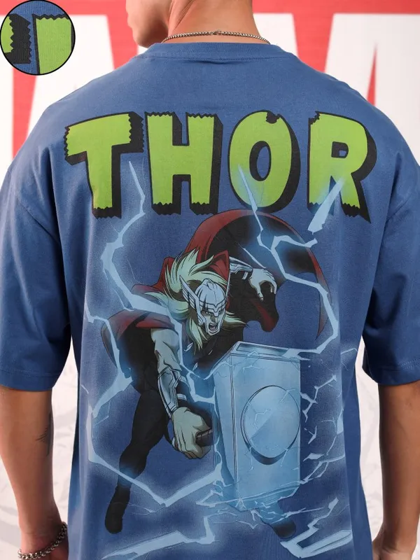 Marvel By Highlander Men Blue Thor Printed Round Neck Oversized Fit T-Shirt