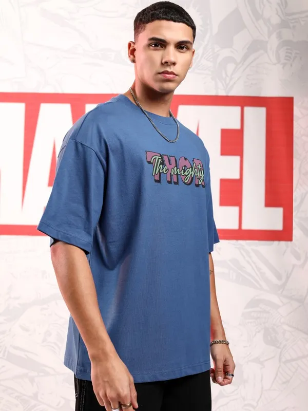 Marvel By Highlander Men Blue Thor Printed Round Neck Oversized Fit T-Shirt