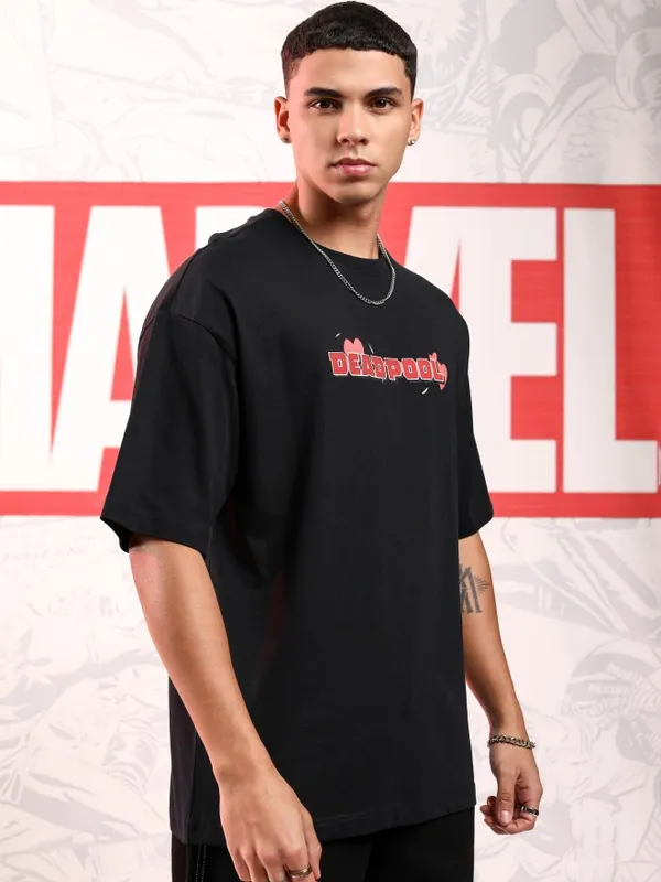 Marvel By Highlander Men Black Deadpool Printed Round Neck Oversized Fit T-Shirt