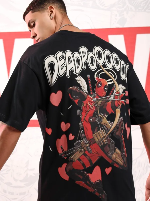 Marvel By Highlander Men Black Deadpool Printed Round Neck Oversized Fit T-Shirt
