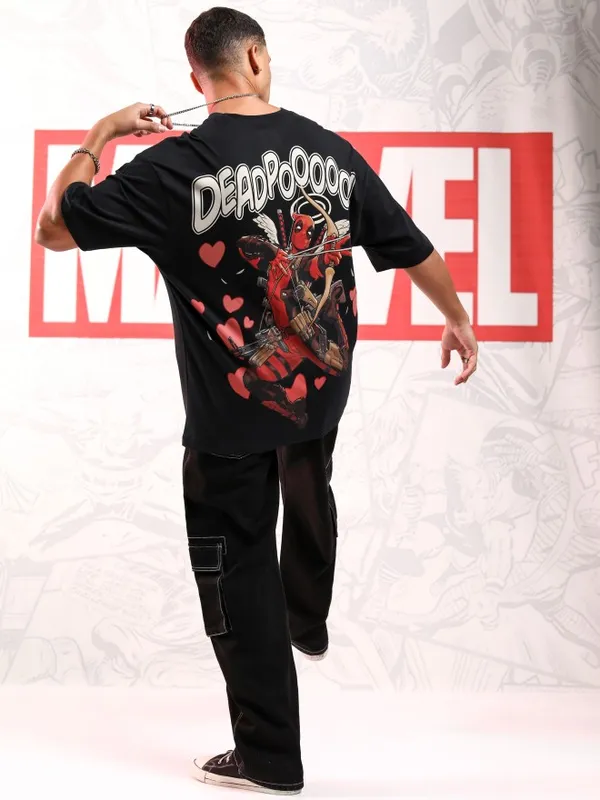 Marvel By Highlander Men Black Deadpool Printed Round Neck Oversized Fit T-Shirt