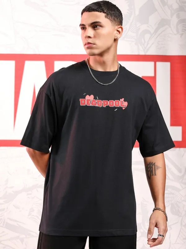 Marvel By Highlander Men Black Deadpool Printed Round Neck Oversized Fit T-Shirt