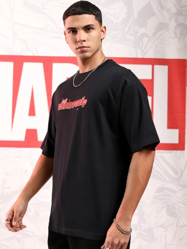 Marvel By Highlander Men Black Deadpool Printed Round Neck Oversized Fit T-Shirt
