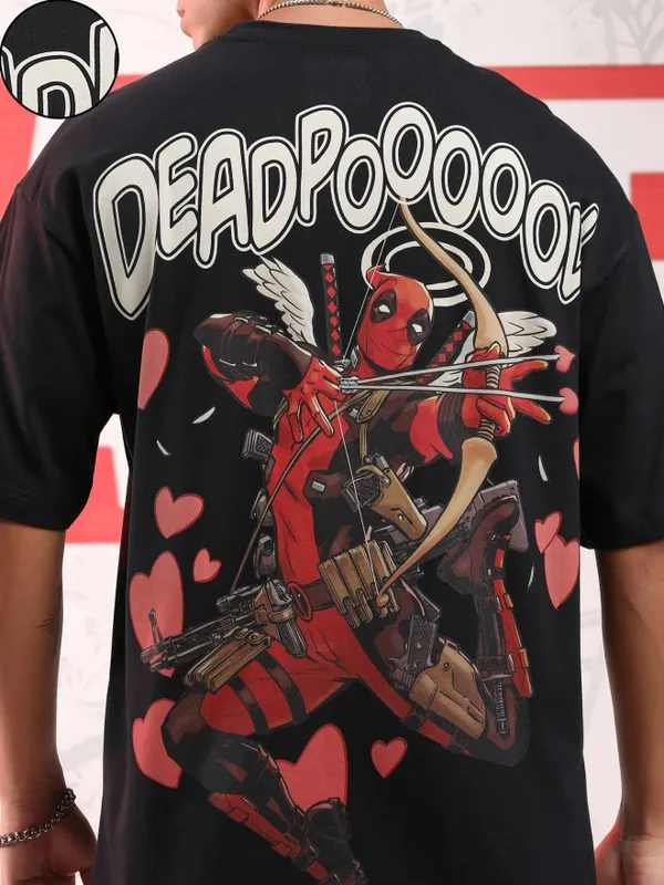 Marvel By Highlander Men Black Deadpool Printed Round Neck Oversized Fit T-Shirt