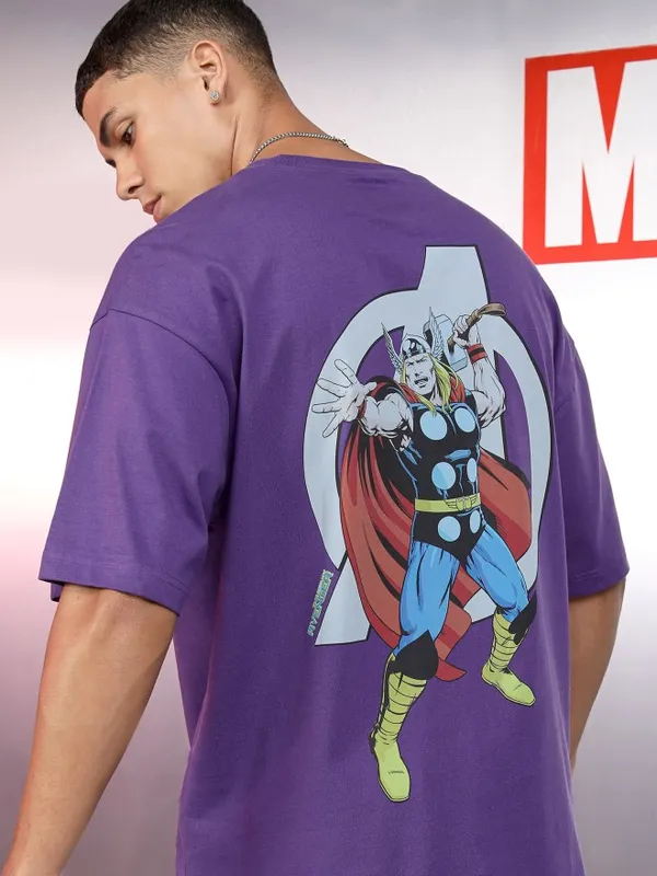 Marvel By Highlander Men Purple Thor Printed Round Neck Oversized Fit T-Shirt