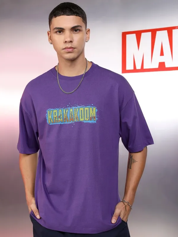 Marvel By Highlander Men Purple Thor Printed Round Neck Oversized Fit T-Shirt