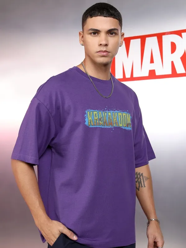 Marvel By Highlander Men Purple Thor Printed Round Neck Oversized Fit T-Shirt