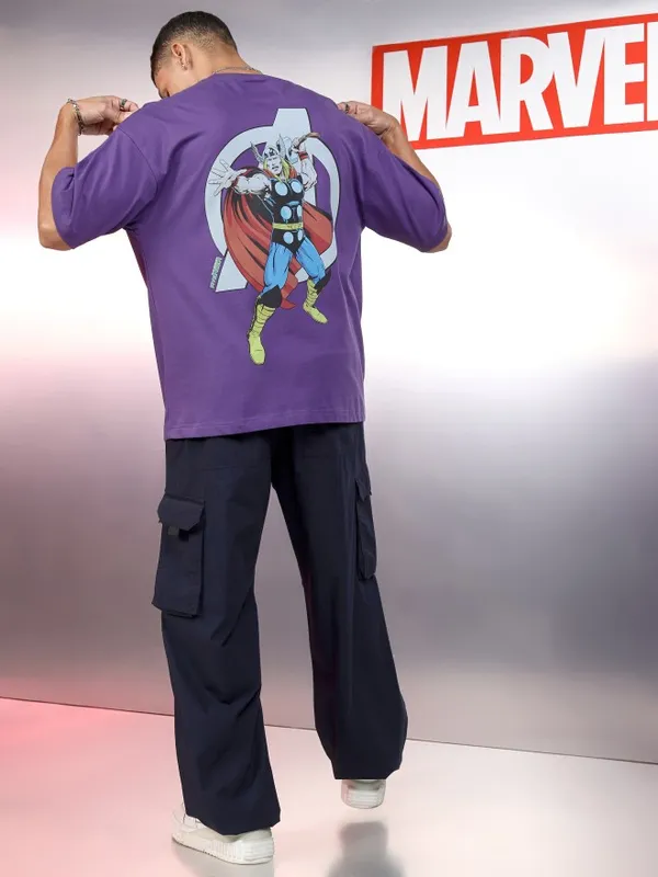 Marvel By Highlander Men Purple Thor Printed Round Neck Oversized Fit T-Shirt