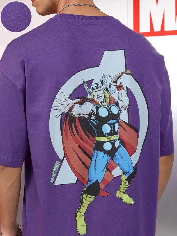 Marvel By Highlander Men Purple Thor Printed Round Neck Oversized Fit T-Shirt