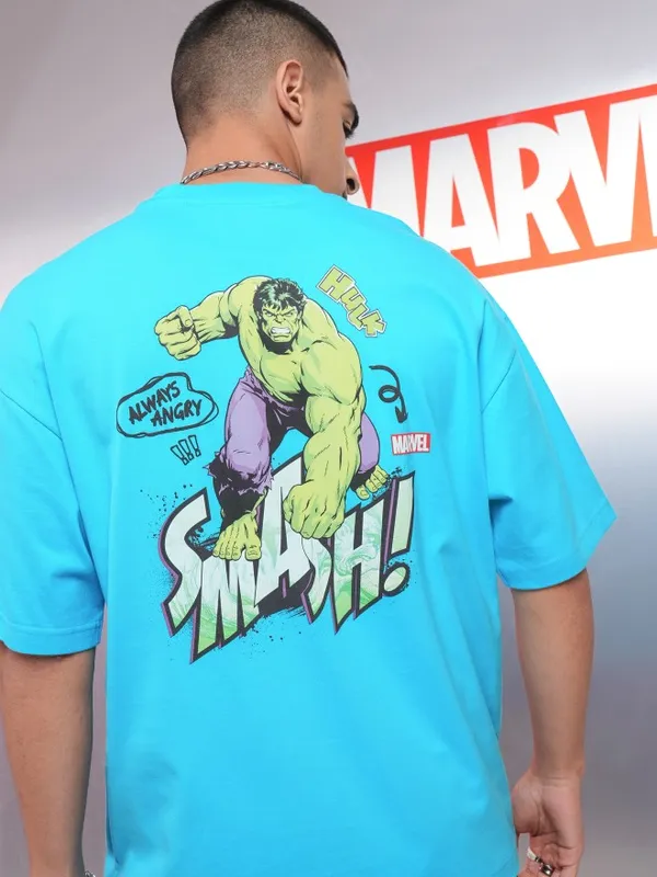 Marvel By Highlander Men Turquoise Blue Hulk Printed Oversized Fit T-Shirt