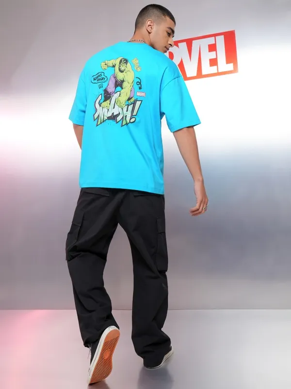 Marvel By Highlander Men Turquoise Blue Hulk Printed Oversized Fit T-Shirt