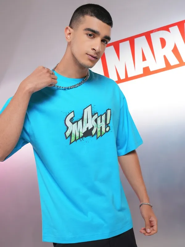 Marvel By Highlander Men Turquoise Blue Hulk Printed Oversized Fit T-Shirt