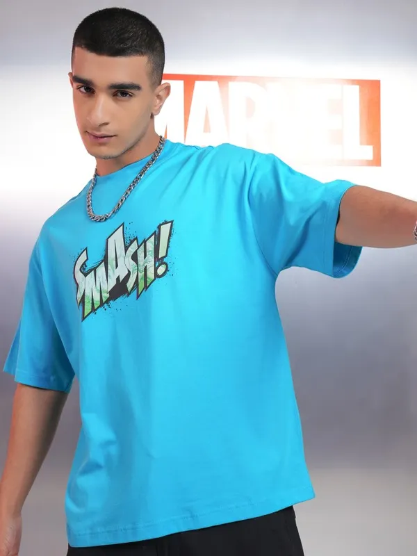 Marvel By Highlander Men Turquoise Blue Hulk Printed Oversized Fit T-Shirt