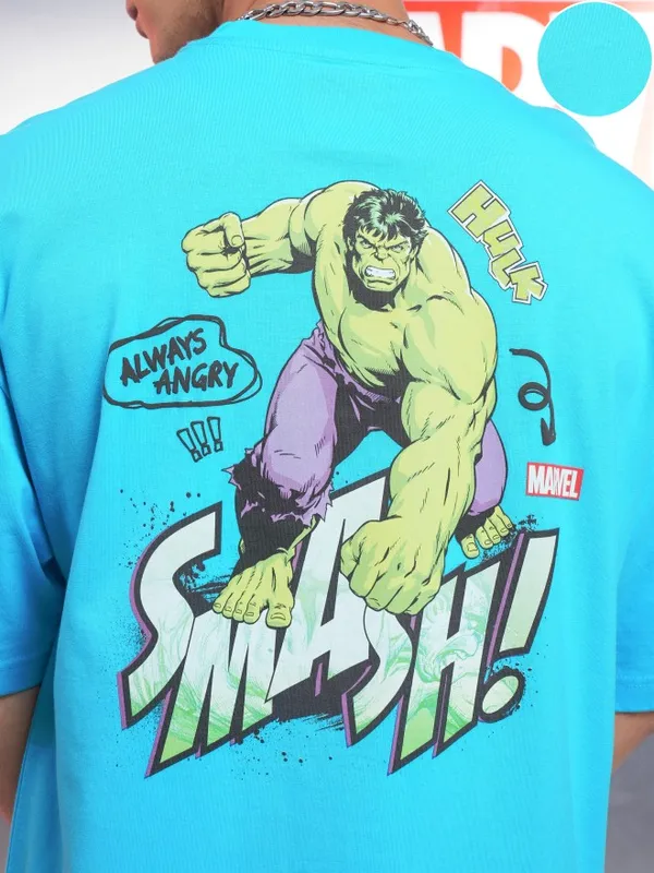 Marvel By Highlander Men Turquoise Blue Hulk Printed Oversized Fit T-Shirt