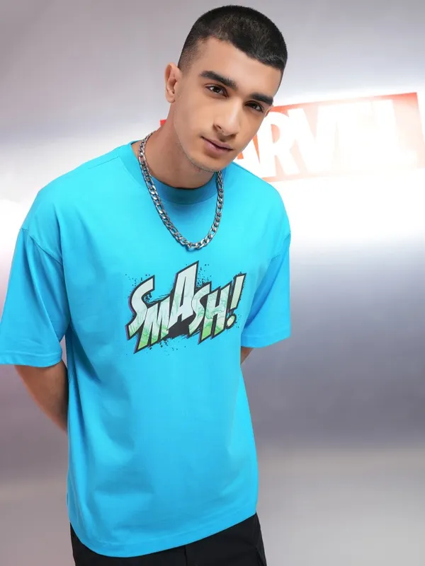 Marvel By Highlander Men Turquoise Blue Hulk Printed Oversized Fit T-Shirt