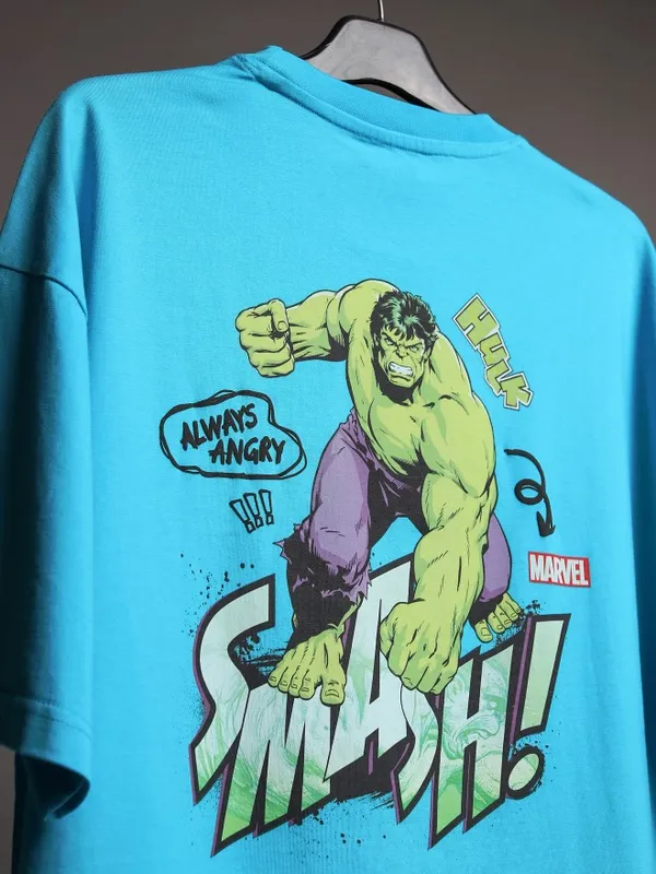 Marvel By Highlander Men Turquoise Blue Hulk Printed Oversized Fit T-Shirt