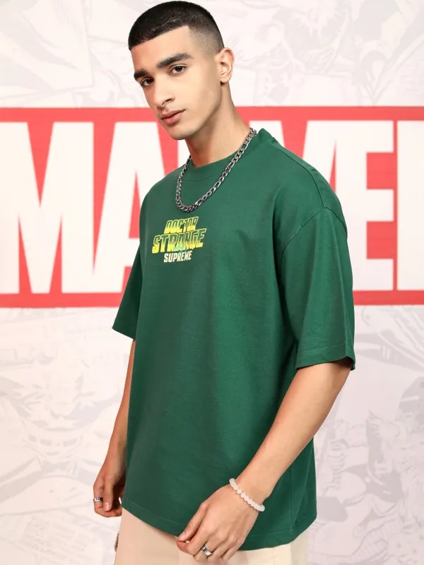 Marvel By Highlander Men Green Doctor Strange Printed Round Neck Oversized Fit T-Shirt
