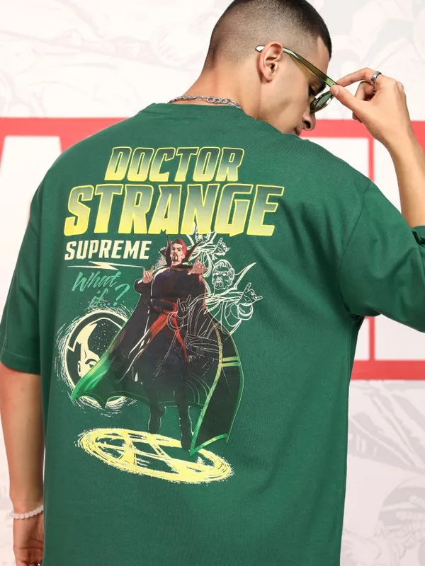 Marvel By Highlander Men Green Doctor Strange Printed Round Neck Oversized Fit T-Shirt