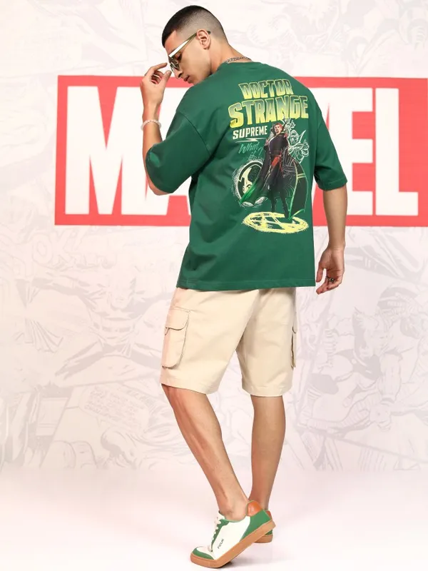 Marvel By Highlander Men Green Doctor Strange Printed Round Neck Oversized Fit T-Shirt