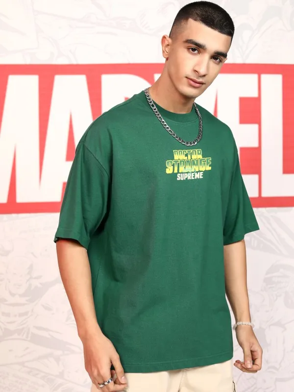 Marvel By Highlander Men Green Doctor Strange Printed Round Neck Oversized Fit T-Shirt