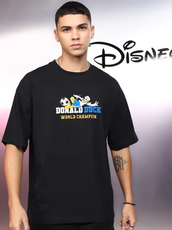 Disney By Highlander Men Black Donald Duck Printed Round Neck Oversized Fit T-Shirt