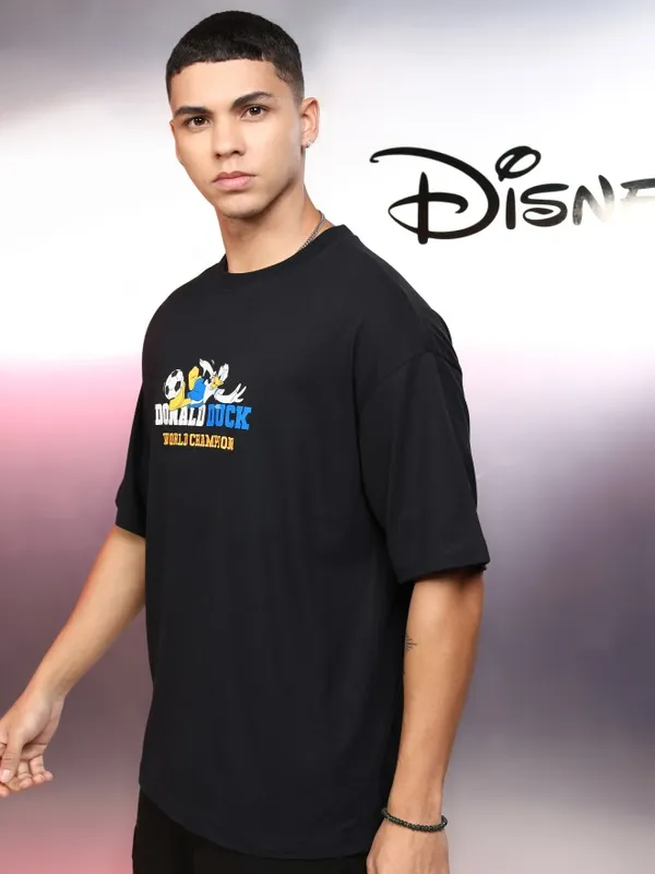 Disney By Highlander Men Black Donald Duck Printed Round Neck Oversized Fit T-Shirt