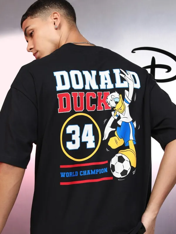 Disney By Highlander Men Black Donald Duck Printed Round Neck Oversized Fit T-Shirt