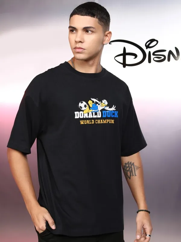 Disney By Highlander Men Black Donald Duck Printed Round Neck Oversized Fit T-Shirt