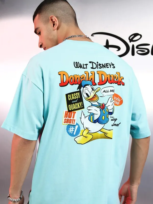 Disney By Highlander Men Blue Donald Duck Printed Round Neck Oversized Fit T-Shirt