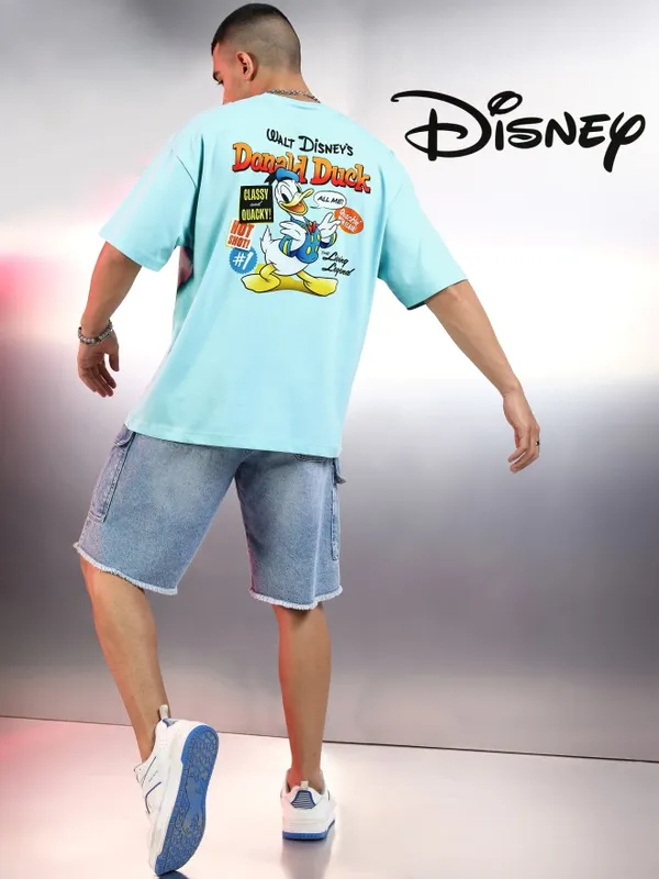 Disney By Highlander Men Blue Donald Duck Printed Round Neck Oversized Fit T-Shirt