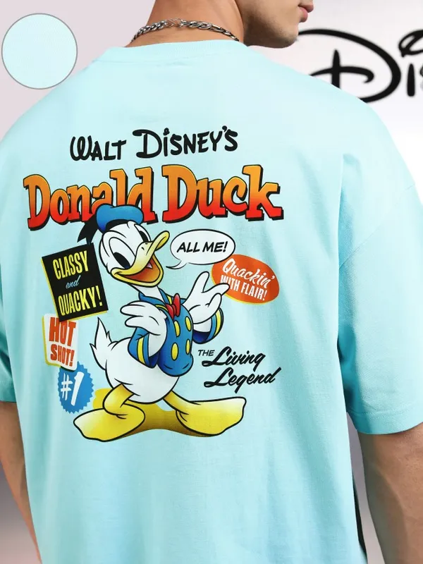Disney By Highlander Men Blue Donald Duck Printed Round Neck Oversized Fit T-Shirt