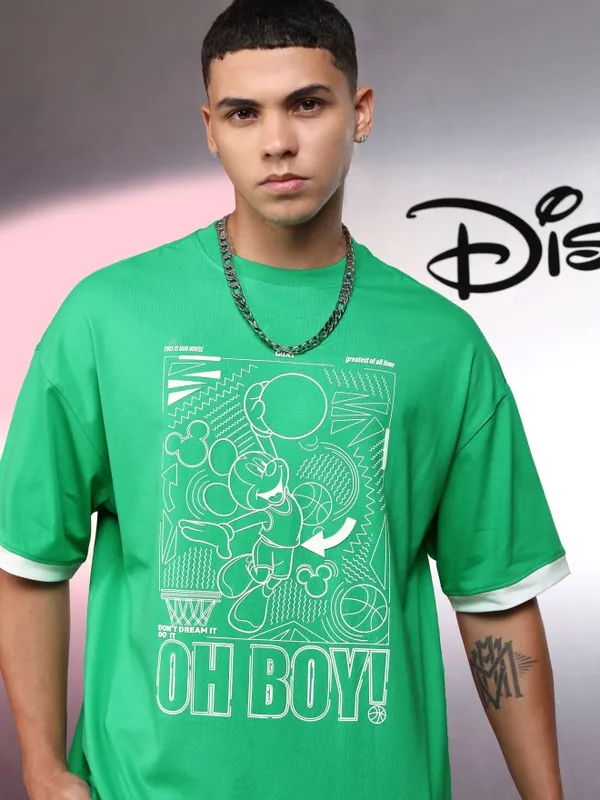Disney By Highlander Men Green Mickey Mouse Printed Round Neck Oversized Fit T-Shirt