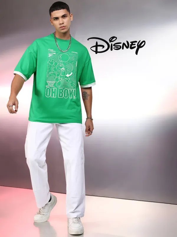 Disney By Highlander Men Green Mickey Mouse Printed Round Neck Oversized Fit T-Shirt