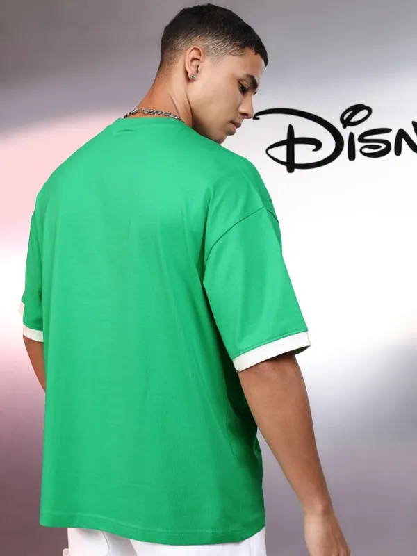 Disney By Highlander Men Green Mickey Mouse Printed Round Neck Oversized Fit T-Shirt
