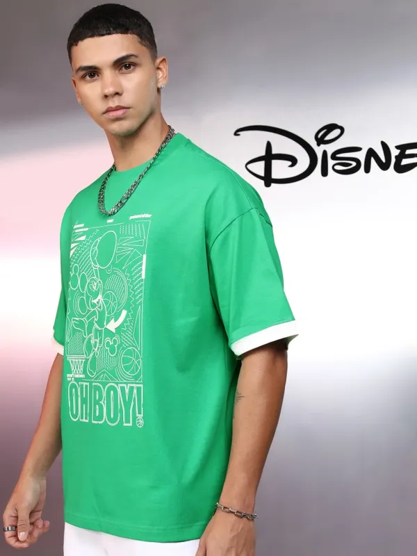 Disney By Highlander Men Green Mickey Mouse Printed Round Neck Oversized Fit T-Shirt