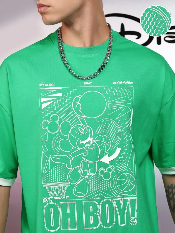 Disney By Highlander Men Green Mickey Mouse Printed Round Neck Oversized Fit T-Shirt