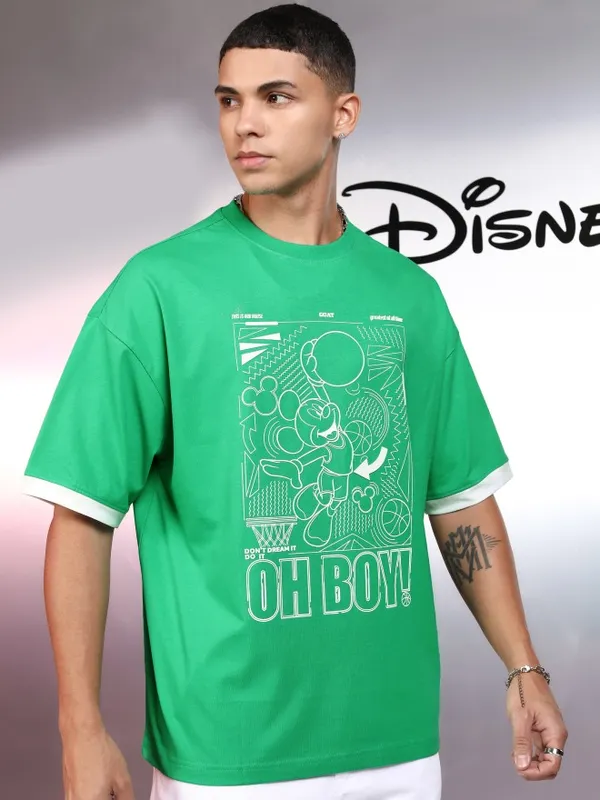 Disney By Highlander Men Green Mickey Mouse Printed Round Neck Oversized Fit T-Shirt