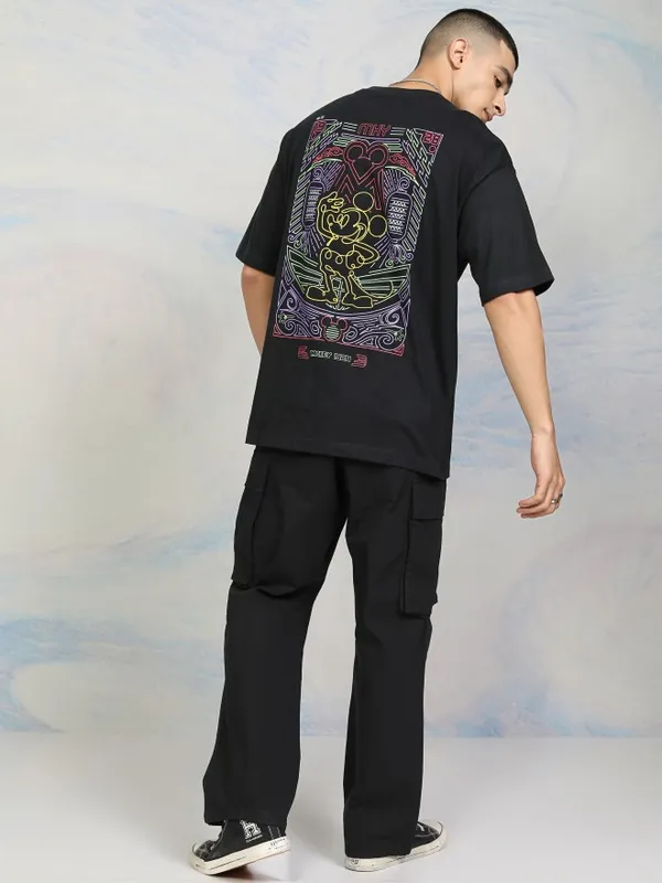 Disney By Highlander Men Black Mickey Mouse Printed Round Neck Oversized Fit T-Shirt