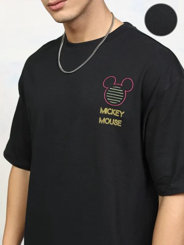 Disney By Highlander Men Black Mickey Mouse Printed Round Neck Oversized Fit T-Shirt