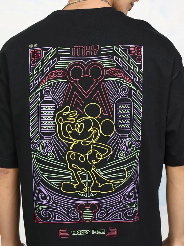 Disney By Highlander Men Black Mickey Mouse Printed Round Neck Oversized Fit T-Shirt