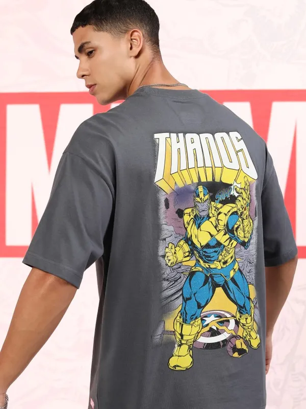 Marvel By Highlander Men Grey Thanos Printed Oversized Fit T-Shirt