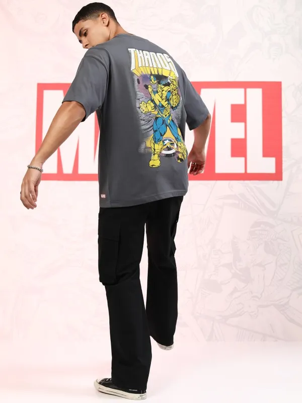 Marvel By Highlander Men Grey Thanos Printed Oversized Fit T-Shirt