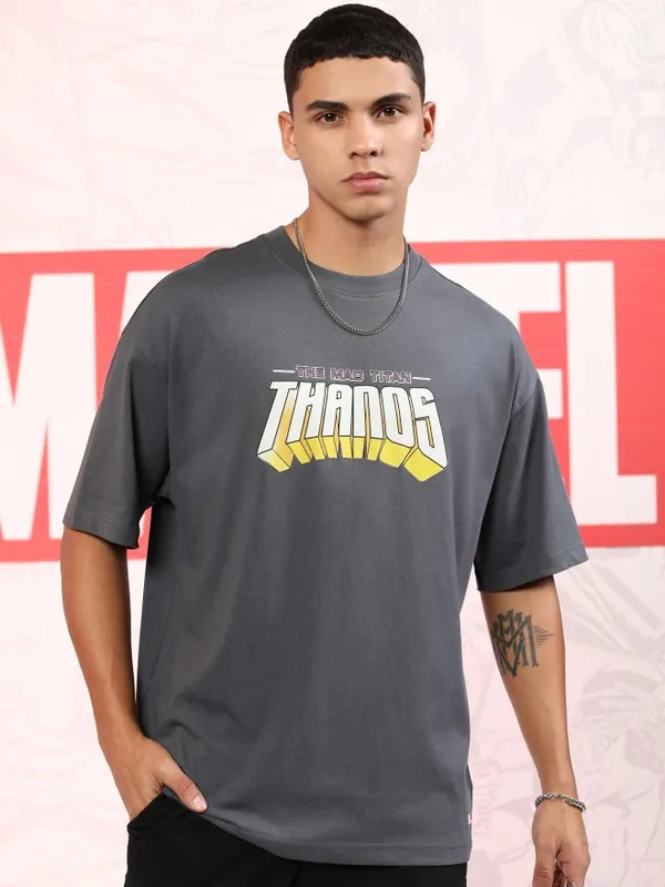 Marvel By Highlander Men Grey Thanos Printed Oversized Fit T-Shirt