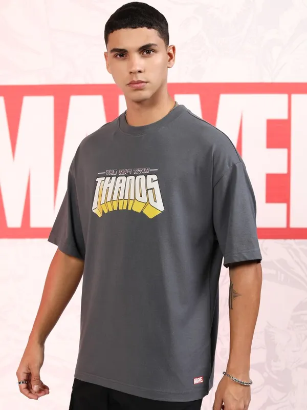 Marvel By Highlander Men Grey Thanos Printed Oversized Fit T-Shirt