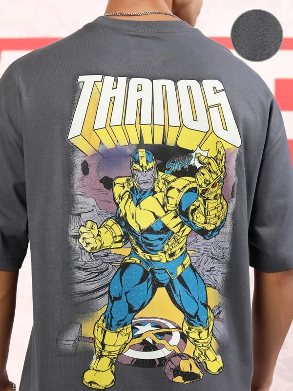 Marvel By Highlander Men Grey Thanos Printed Oversized Fit T-Shirt